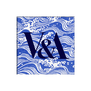 A square fridge magnet with the blue, wavy pattern of a Japanese woodblock print seascape beneath the V&A logo